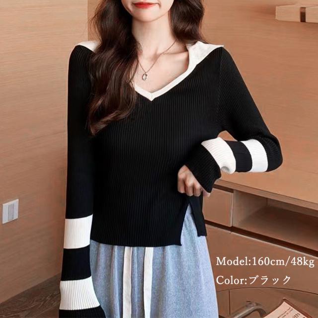 ニットトップス Vネック スリット入り 送料無料 即日発送-5