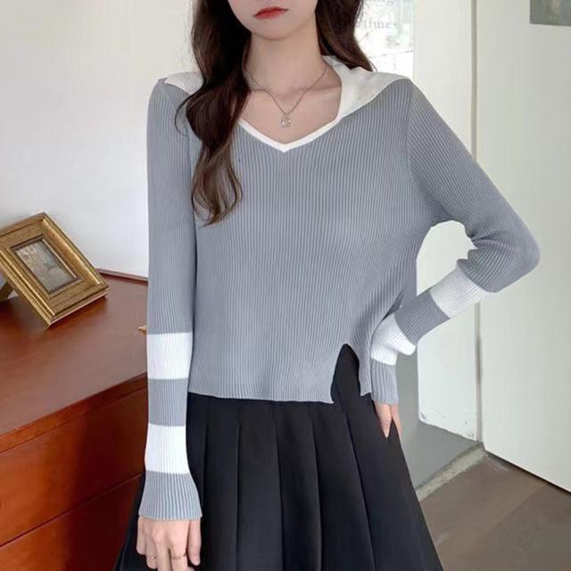 ニットトップス Vネック スリット入り 送料無料 即日発送-7