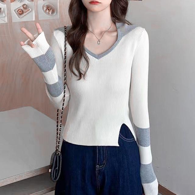 ニットトップス Vネック スリット入り 送料無料 即日発送-8