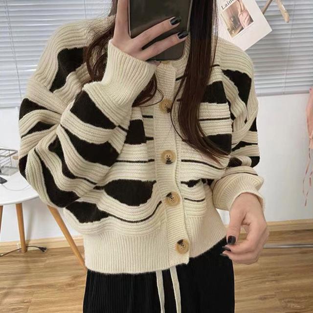 ニットカーディガン 秋冬レディース 配色 送料無料 即日発送-4