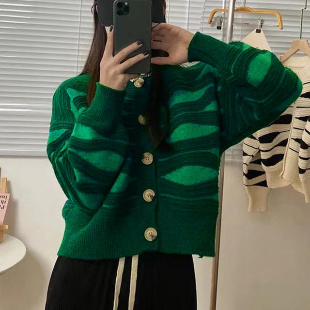 ニットカーディガン 秋冬レディース 配色 送料無料 即日発送-6