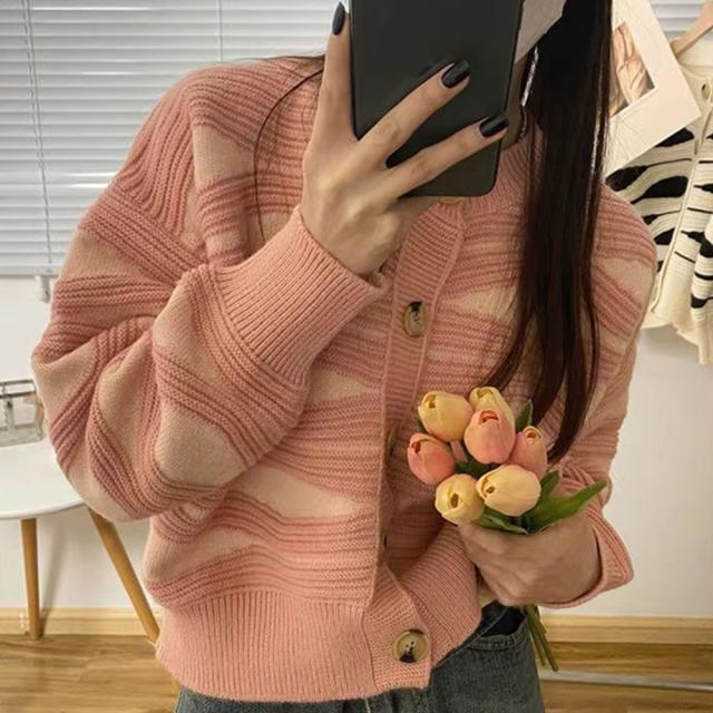 ニットカーディガン 秋冬レディース 配色 送料無料 即日発送-7