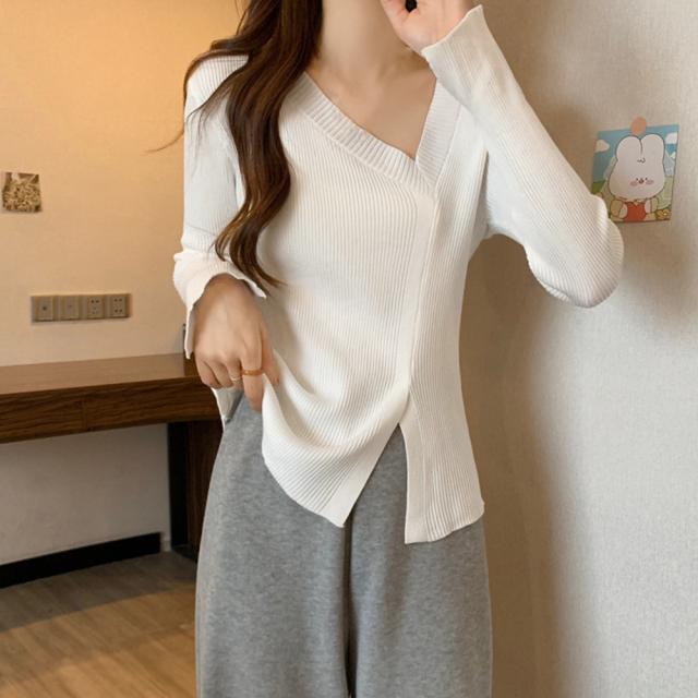 リブニットトップス フロントスリット 送料無料 即日発送-4