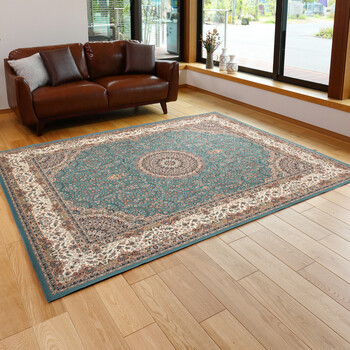 ラグ 転写プリントラグ 約140×200cm 洗える 撥水 滑りにくい加工付き ターコイズ 送料無料-0