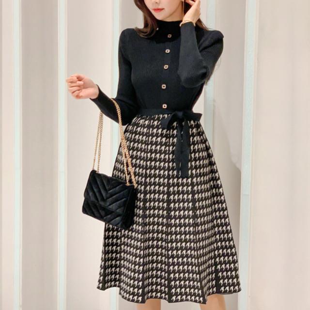 ワンピース ニットワンピースレディース千鳥柄切替秋冬 送料無料 即日発送-1