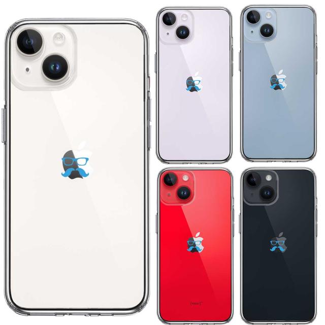 iPhone14Plus ケース クリアひげ メガネ 髭 眼鏡 スカイ ブルー スマホケース 側面ソフト 背面ハード ハイブリッド 送料無料-1