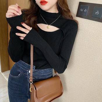 ニットトップス 胸開き プチハイネック 送料無料 即日発送-2