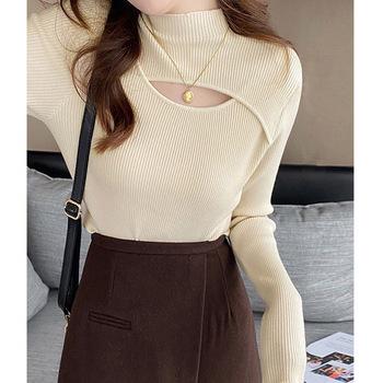 ニットトップス 胸開き プチハイネック 送料無料 即日発送-5