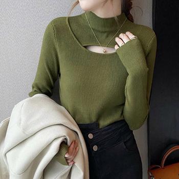 ニットトップス 胸開き プチハイネック 送料無料 即日発送-6