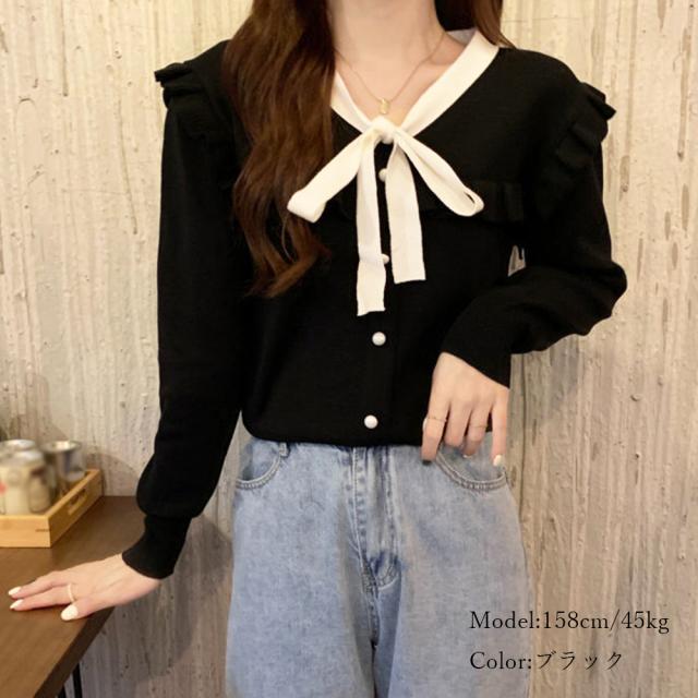 ボウタイニットトップス レディース 大人 送料無料 即日発送-4