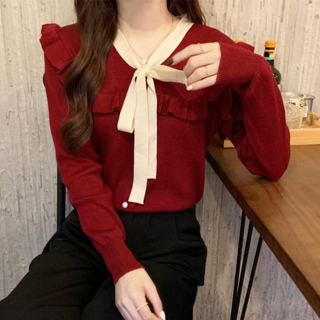 ボウタイニットトップス レディース 大人 送料無料 即日発送-7