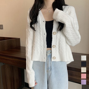 ケーブル編みニットカーディガン Vネック 送料無料 即日発送-0