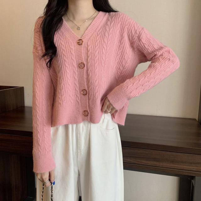 ケーブル編みニットカーディガン Vネック 送料無料 即日発送-9