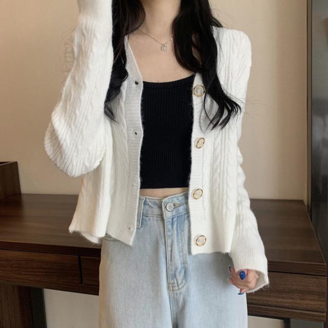 ケーブル編みニットカーディガン Vネック 送料無料 即日発送-4