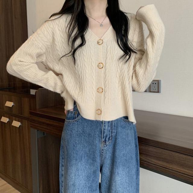ケーブル編みニットカーディガン Vネック 送料無料 即日発送-5