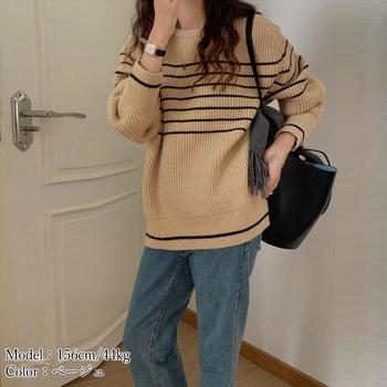 ボーダー柄ニットプルオーバー レディース 送料無料 即日発送-4