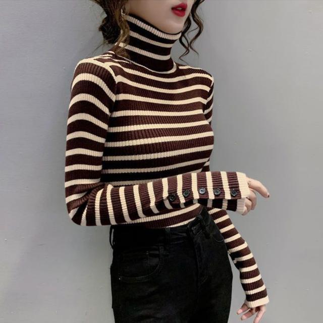 ボーダー柄ニットトップス タートルネック 送料無料 即日発送-9