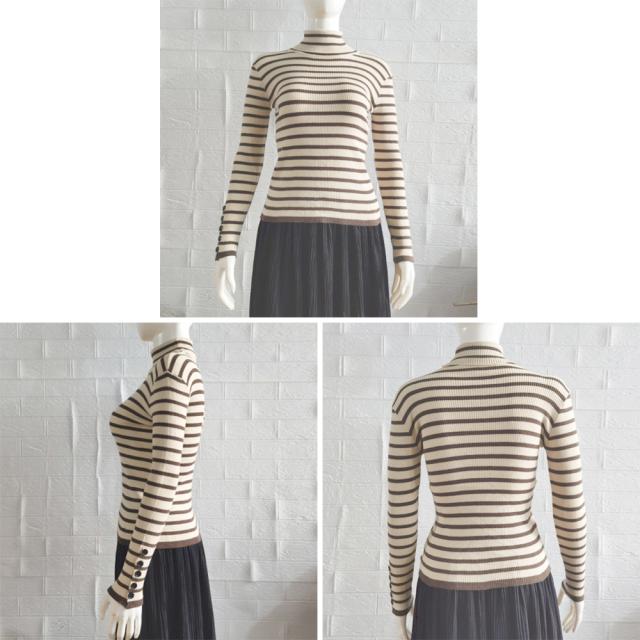 ボーダー柄ニットトップス タートルネック 送料無料 即日発送-3