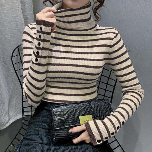 ボーダー柄ニットトップス タートルネック 送料無料 即日発送-4