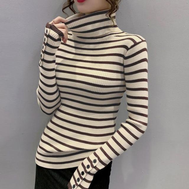 ボーダー柄ニットトップス タートルネック 送料無料 即日発送-5