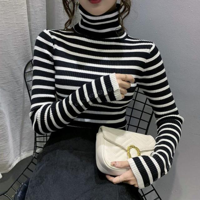 ボーダー柄ニットトップス タートルネック 送料無料 即日発送-6