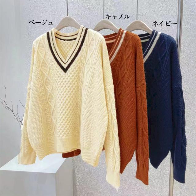 ライン入りケーブルニットトップス 送料無料 即日発送-1