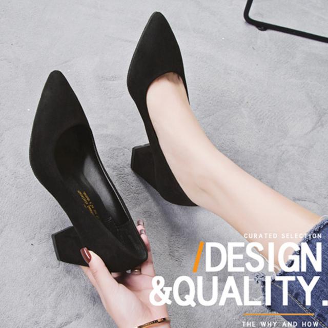 チャンキーヒール パンプス スウェード調 送料無料 即日発送-5