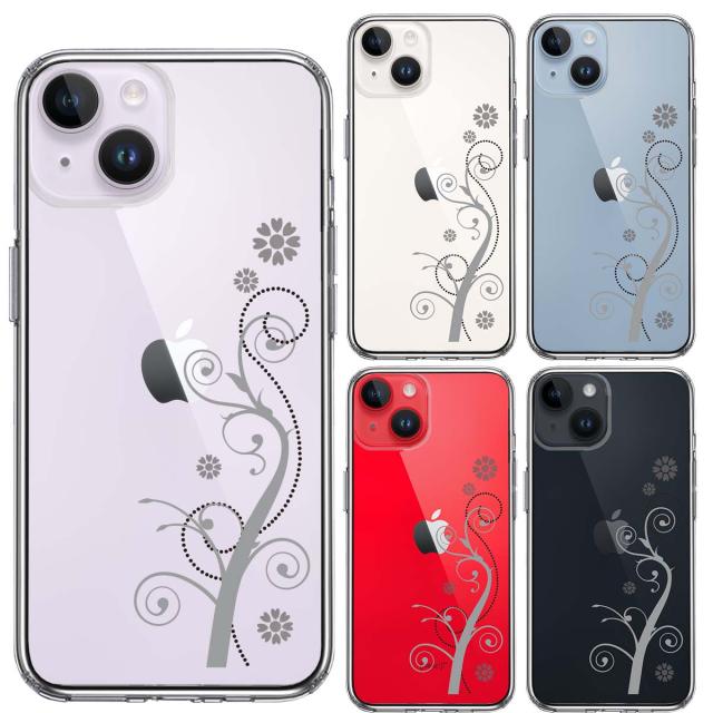 iPhone14Plus ケース クリアフローラル つる模様 グレー スマホケース 側面ソフト 背面ハード ハイブリッド 送料無料-1