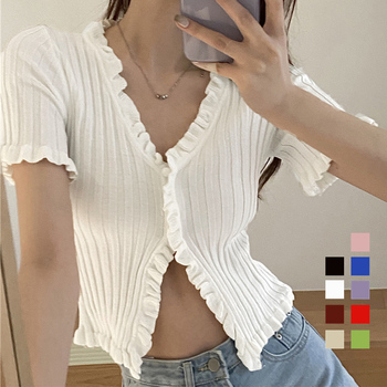 フリルリブニットレディース Vネック薄手 送料無料 即日発送-0