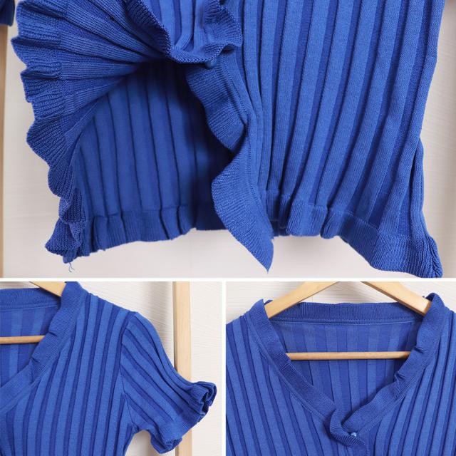 フリルリブニットレディース Vネック薄手 送料無料 即日発送-3