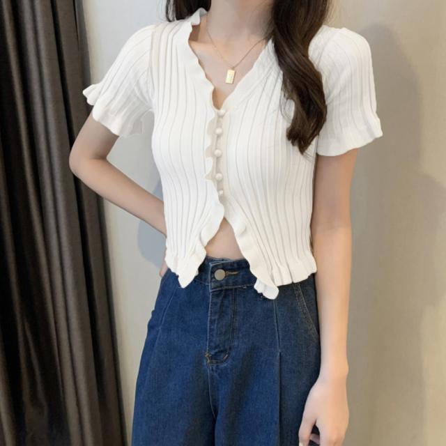 フリルリブニットレディース Vネック薄手 送料無料 即日発送-5