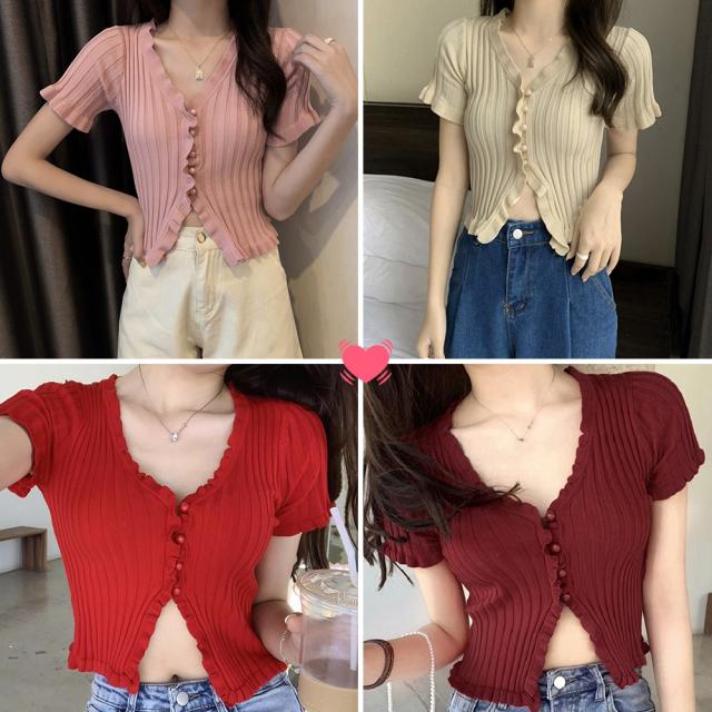 フリルリブニットレディース Vネック薄手 送料無料 即日発送-8