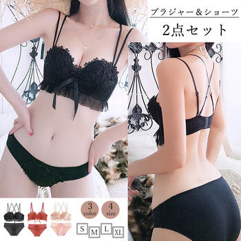 レース チュール ブラジャー ショーツ セット ノンワイヤー パッド付き 下着 送料無料 即日発送-2