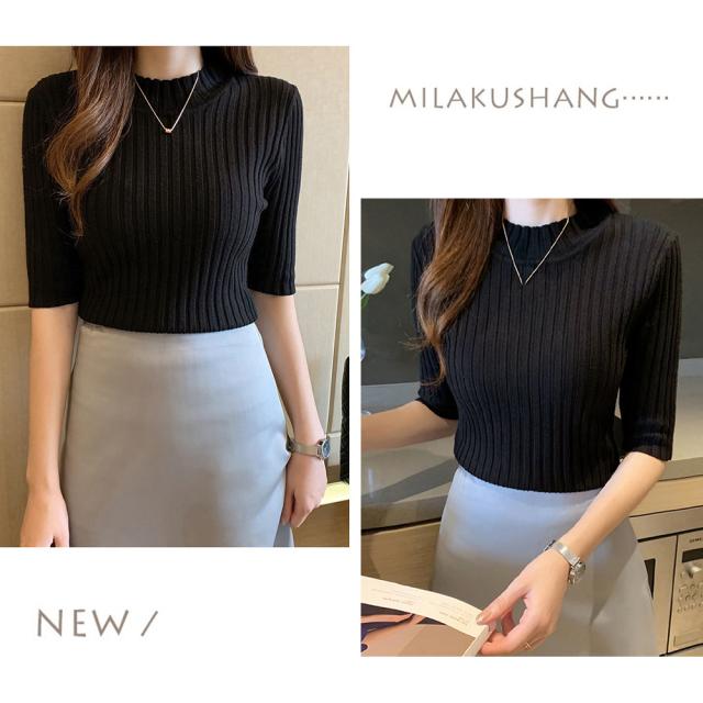 リブニットトップス レディース半袖春秋夏 送料無料 即日発送-4