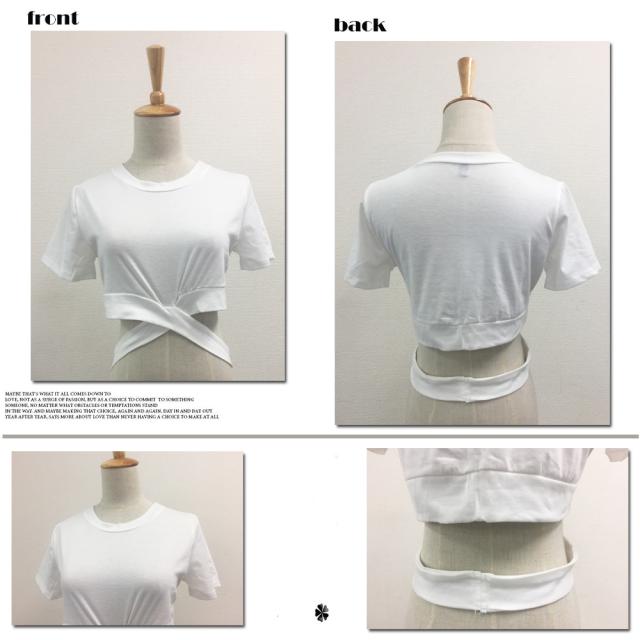 へそ出し トップス レディース 半袖 Tシャツ 無地 カットソー ショート丈 送料無料 即日発送-2