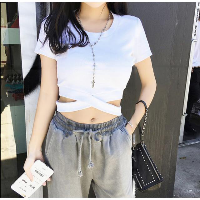 へそ出し トップス レディース 半袖 Tシャツ 無地 カットソー ショート丈 送料無料 即日発送-6