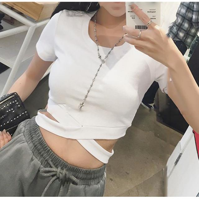 へそ出し トップス レディース 半袖 Tシャツ 無地 カットソー ショート丈 送料無料 即日発送-7