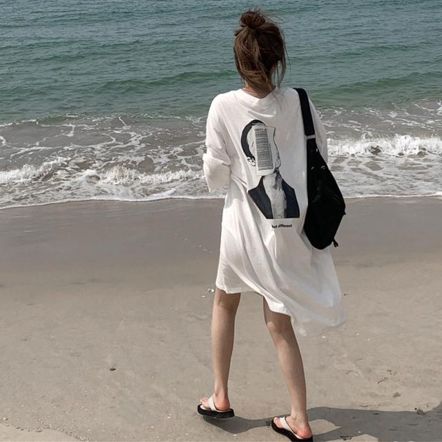 五分袖Tシャツワンピース バックプリント 送料無料 即日発送-7