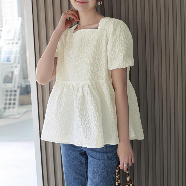 ペプラムブラウス スクエアネックトップス 送料無料 即日発送-7