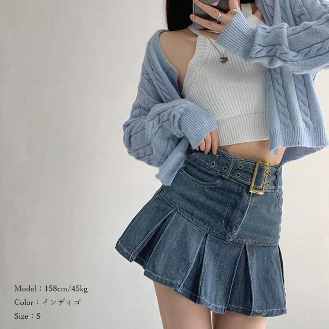 ミニデニムプリーツスカート ベルト付き 送料無料 即日発送-9