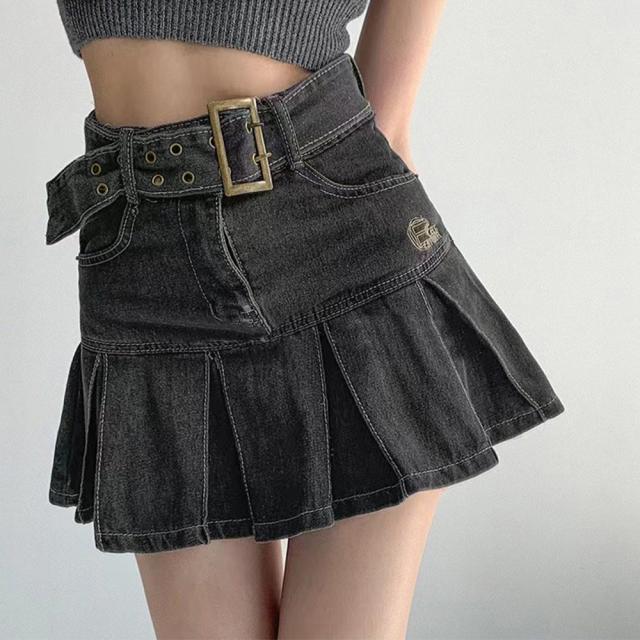 ミニデニムプリーツスカート ベルト付き 送料無料 即日発送-4