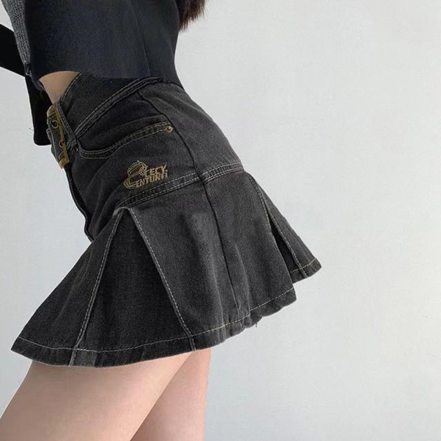 ミニデニムプリーツスカート ベルト付き 送料無料 即日発送-5