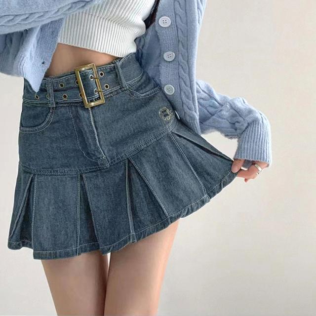 ミニデニムプリーツスカート ベルト付き 送料無料 即日発送-7