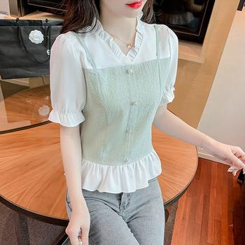 シャツブラウス 半袖 フリルVネック 送料無料 即日発送-9