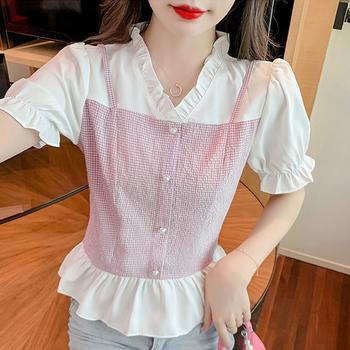 シャツブラウス 半袖 フリルVネック 送料無料 即日発送-3