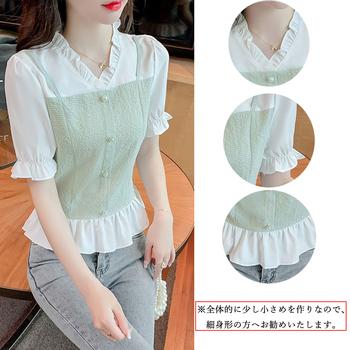 シャツブラウス 半袖 フリルVネック 送料無料 即日発送-6