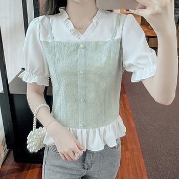 シャツブラウス 半袖 フリルVネック 送料無料 即日発送-7