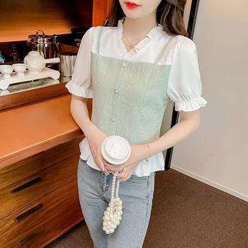 シャツブラウス 半袖 フリルVネック 送料無料 即日発送-8