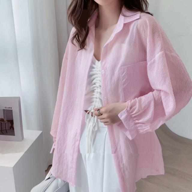 ストライプ ブラウス シアーシャツ 夏服 送料無料 即日発送-7