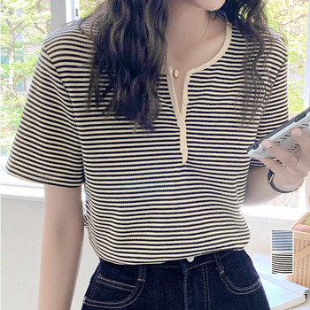 ヘンリーネック Tシャツ ボーダー柄半袖 送料無料 即日発送-0